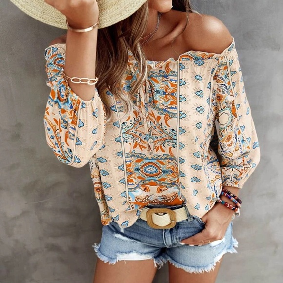 Boho Floral Print Off Shoulder Blouse - Picture 8 of 13
